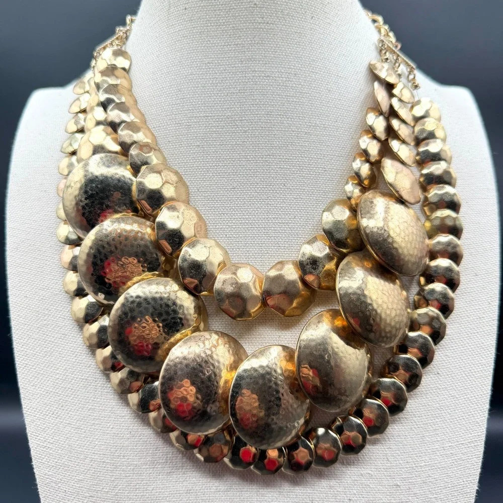 Gold Tone Hammered Disc Multi Strand Statement Bib Necklace Bold Chunky Layered